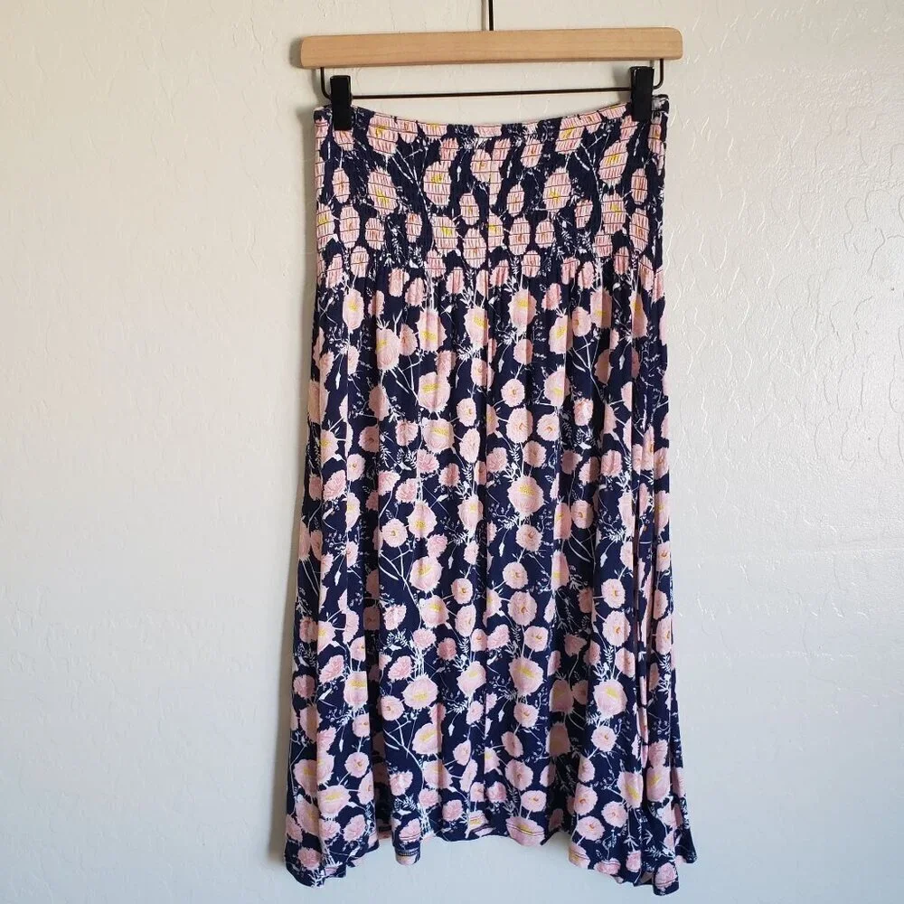 Downeast Smocked Floral Midi Skirt Blue/Pink Sz S Soft Jersey Knit Flowy Cottage